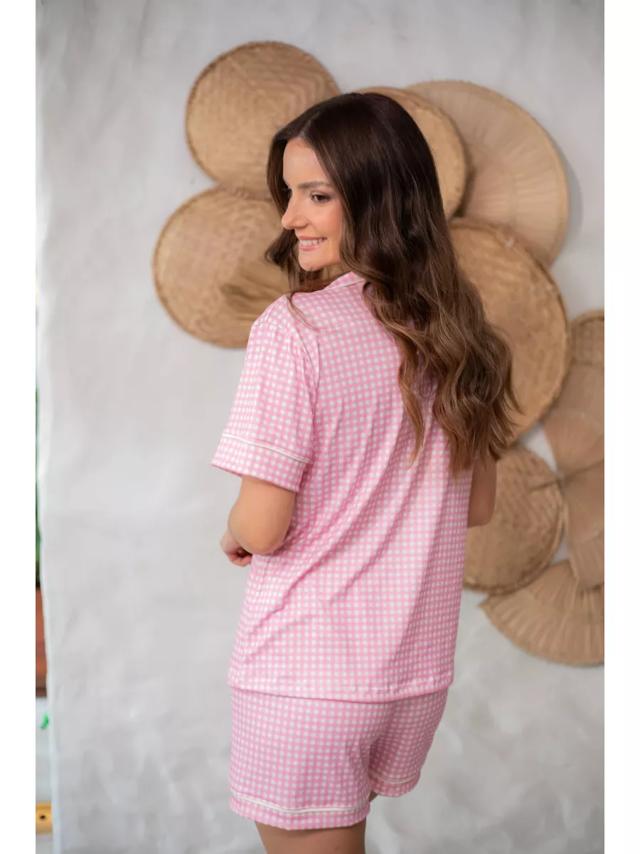 Pijama Feminino Americano Curto Xadrez Branco e Rosa