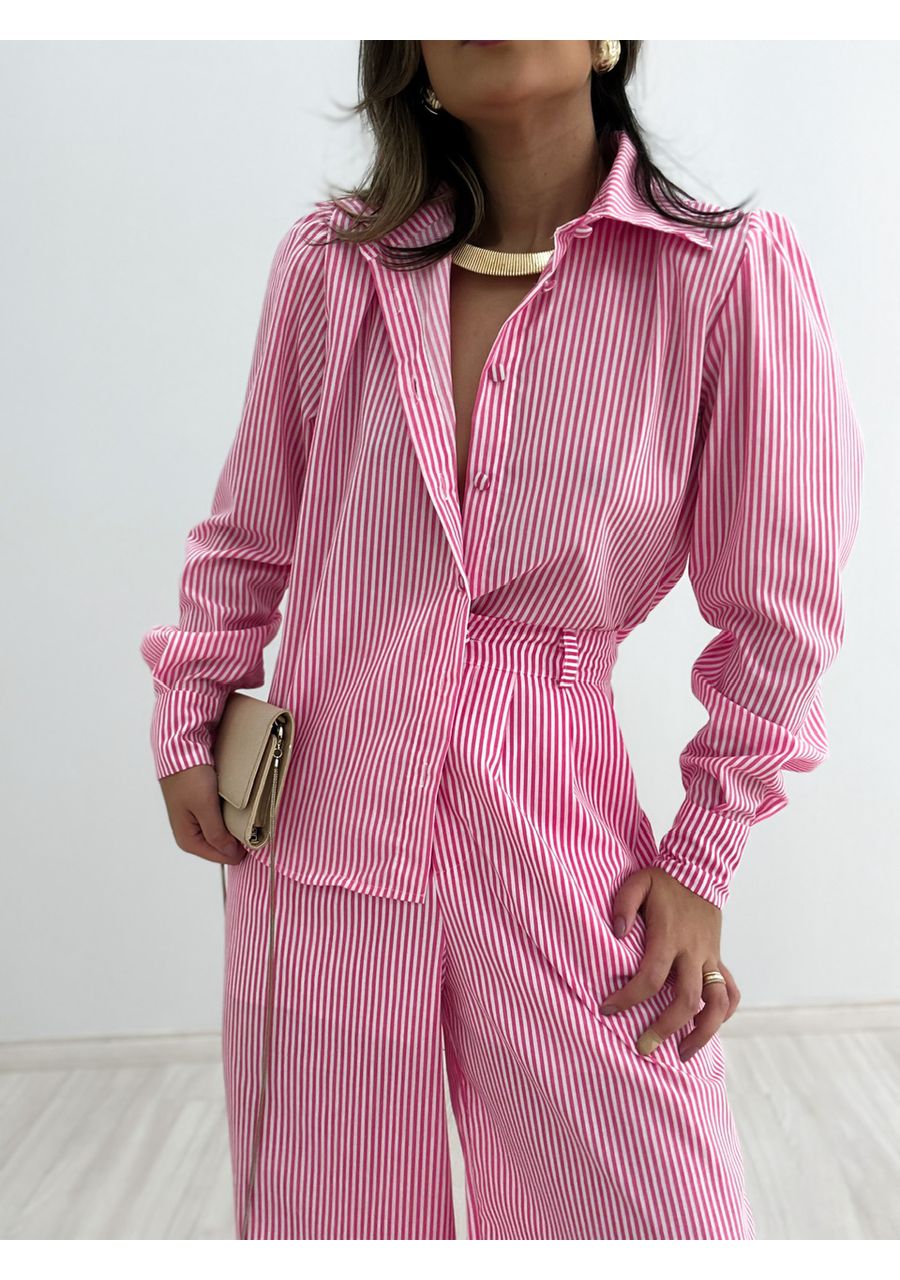 CAMISA BEBEL LISTRADA ROSA - 0044040031 - CAROLLA FERRARO