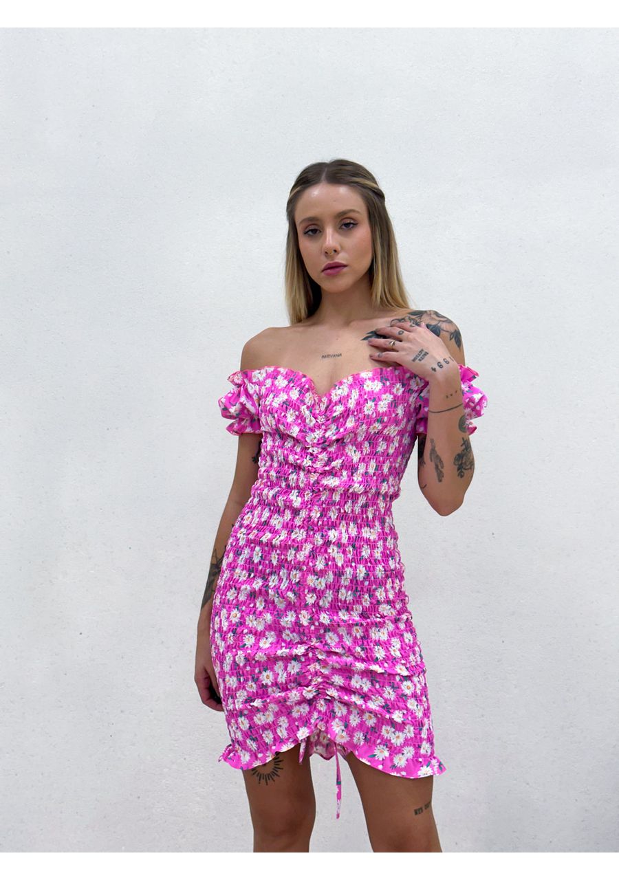 VESTIDO HELENA LASTEX ROSA FLORAL - 0048440320 - CAROLLA FERRARO