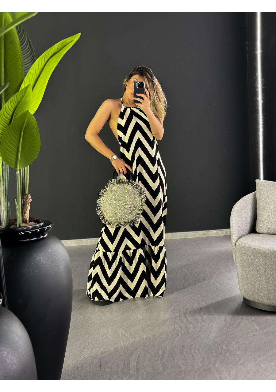 VESTIDO CHEVRON FRENTE ÚNICA PALHA/PRETO - 0047800... - CAROLLA FERRARO