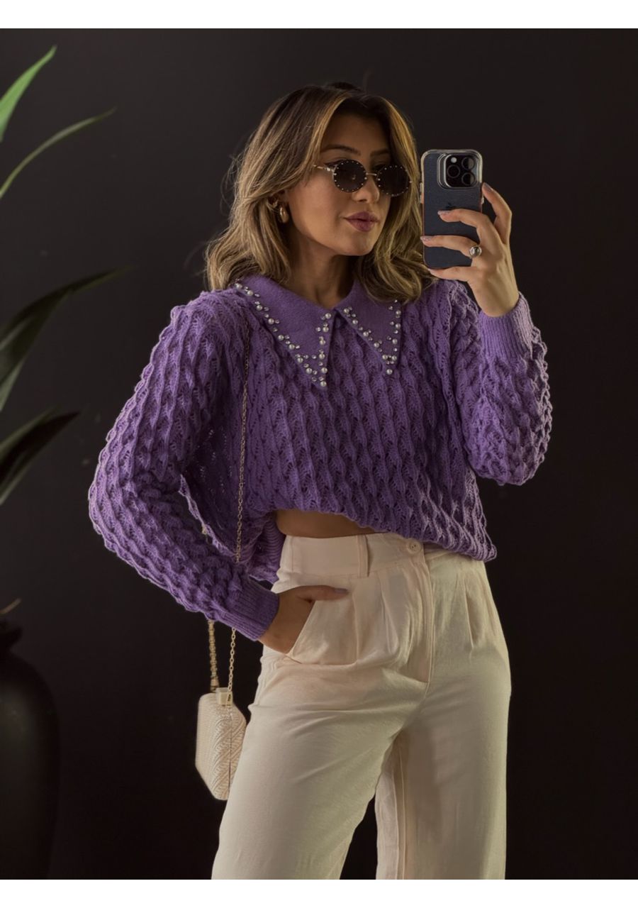 SUÉTER GOLA STRASS ROXO - 0049830023 - CAROLLA FERRARO