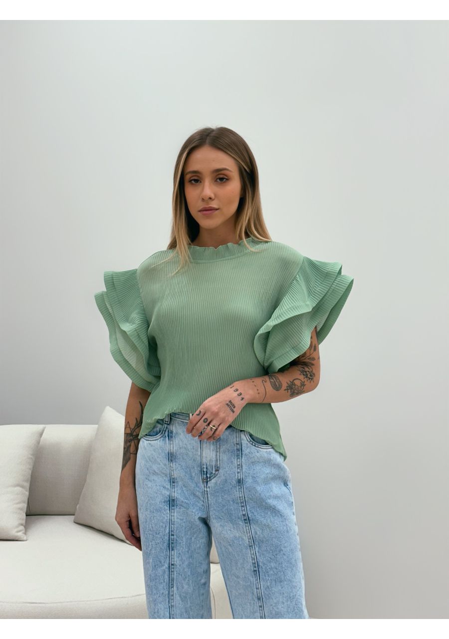 BLUSA BIANCA PLISSADA VERDE - 0049110014 - CAROLLA FERRARO