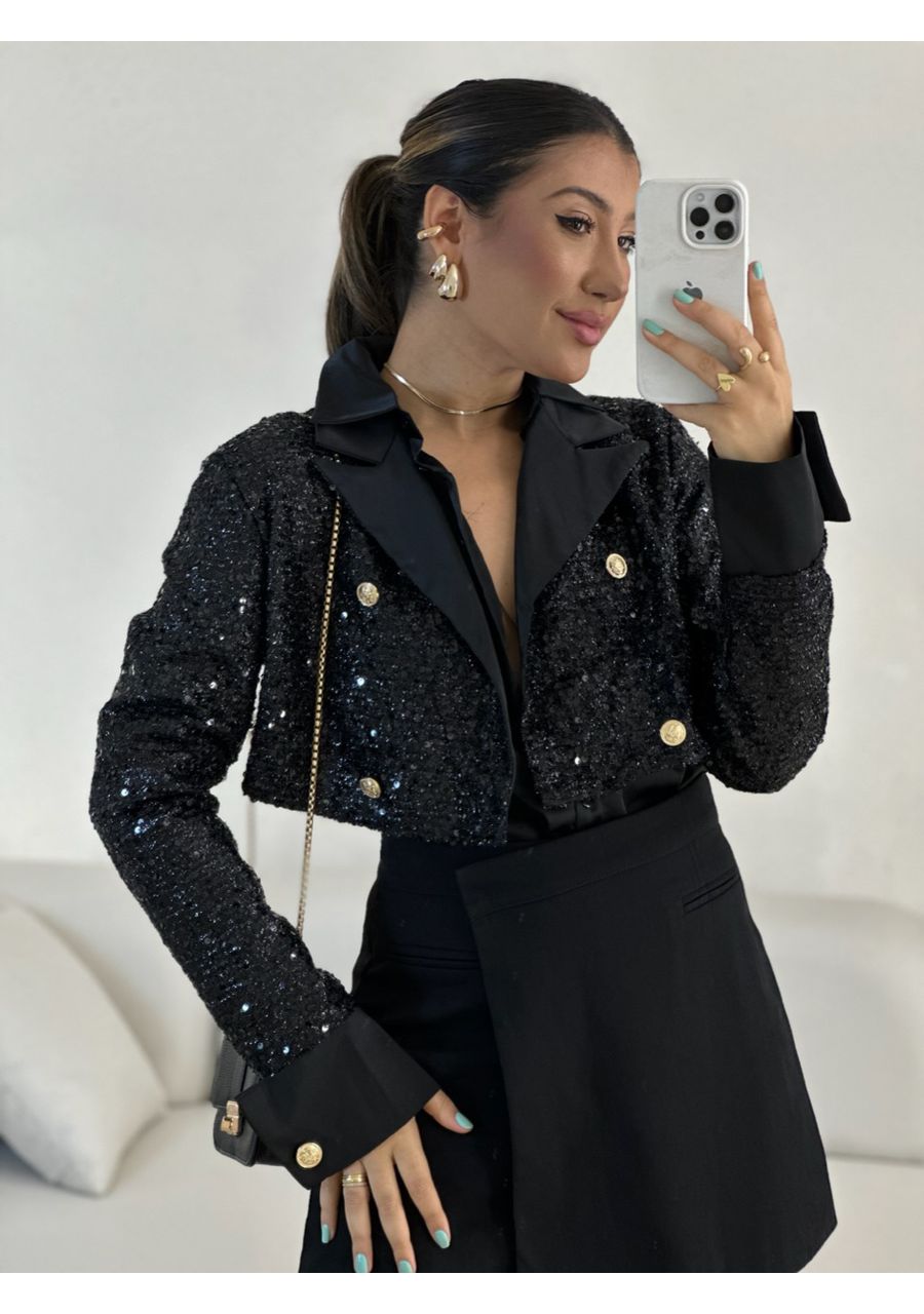 BLAZER PAETÊ CROPPED PRETO - 0055900032 - CAROLLA FERRARO