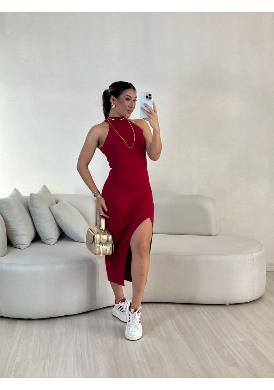 VESTIDO FÁTIMA MIDI FENDA VERMELHO - 0055840006 - CAROLLA FERRARO