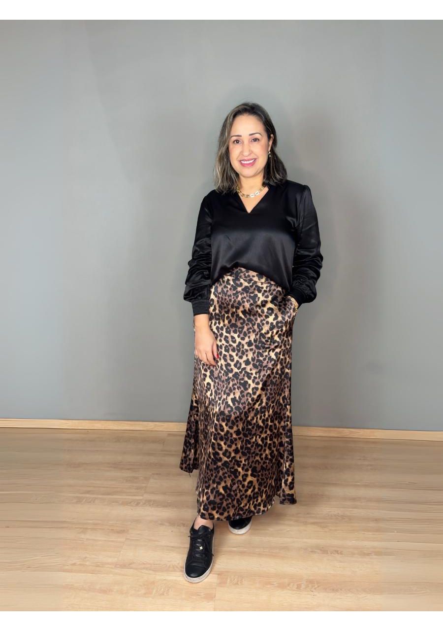 Saia Com Elástico Maxi Cetim Onça Com Bolso REF:WL... - MIX MODA