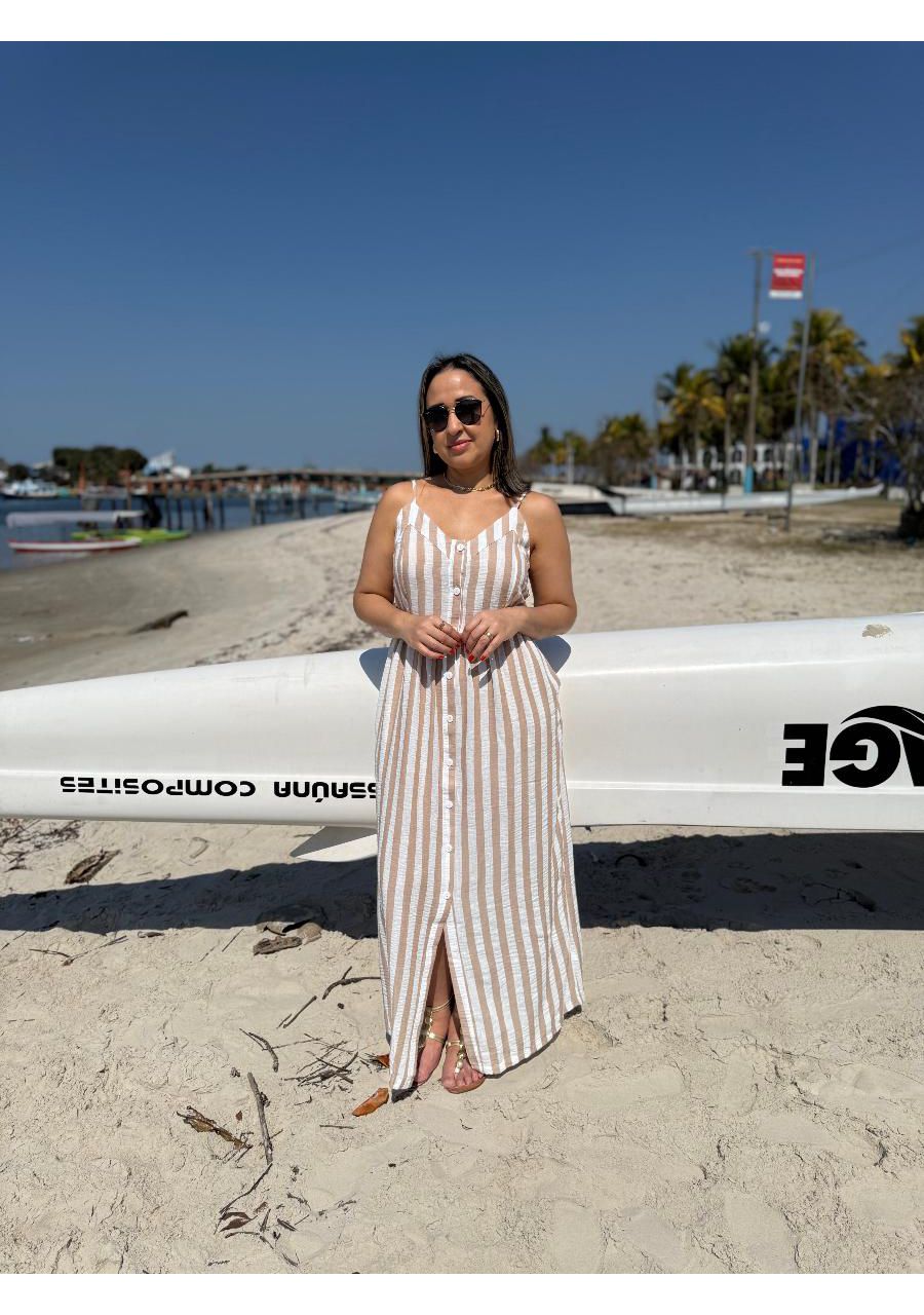 Vestido Linho Longo Listrado Com Botão REF:810020 ... - MIX MODA