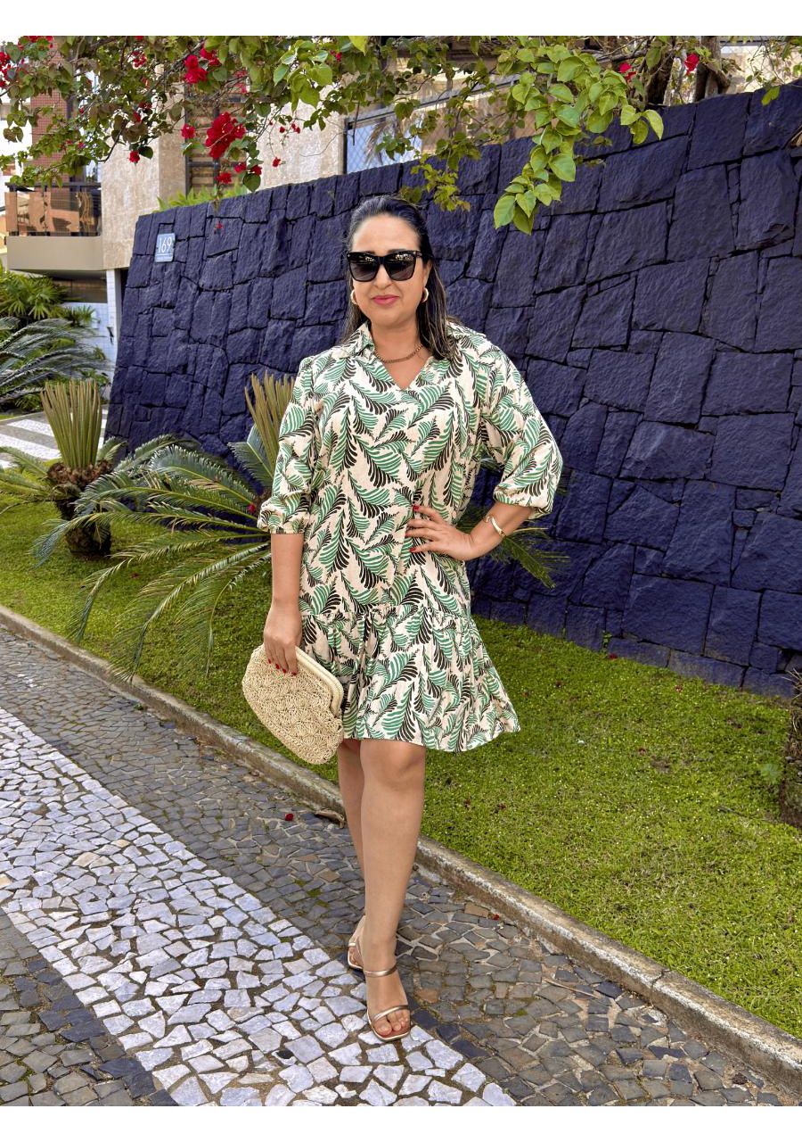 Vestido Curto Estampado Manga 3/4 Com Gola e Babad... - MIX MODA