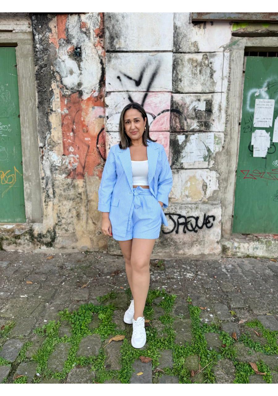 Conjunto Blazer e Shorts Listrado Linho REF:990169... - MIX MODA