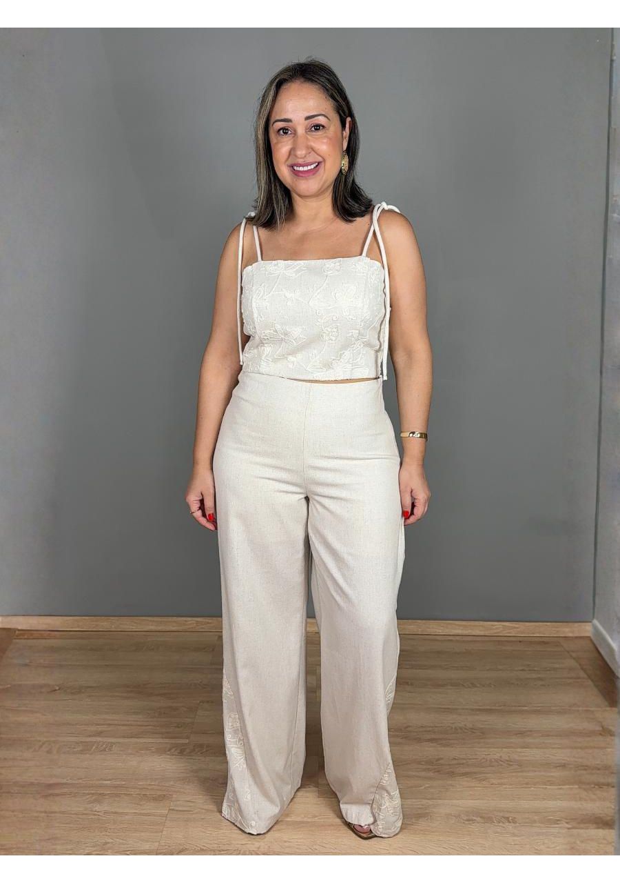 Conjunto Alcinha Pantalona Bordado Linho REF:YX134... - MIX MODA