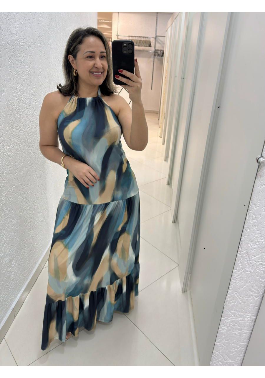 Vestido Estampado Frente Única Longo Com Babado RE... - MIX MODA