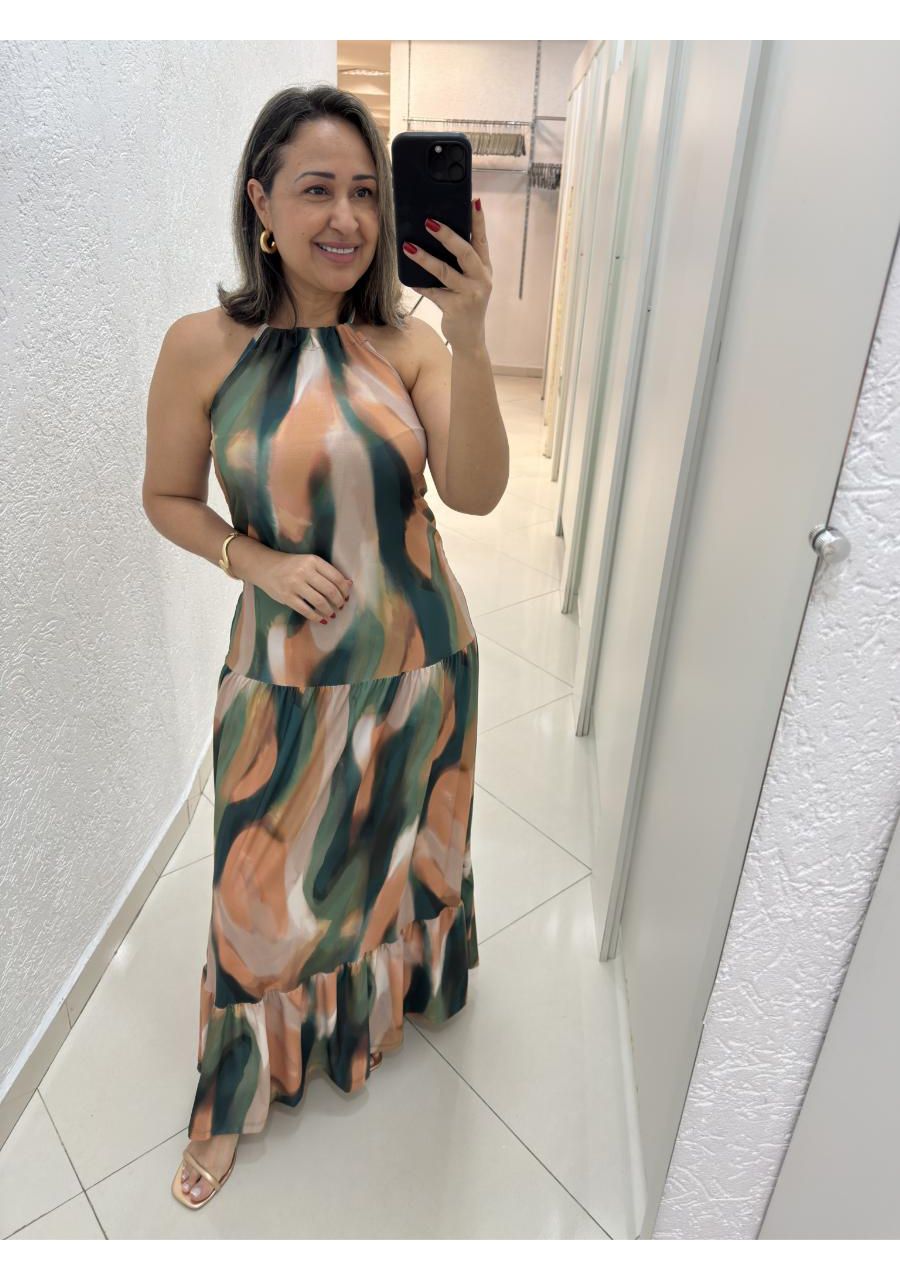 Vestido Estampado Frente Única Longo Com Babado RE... - MIX MODA