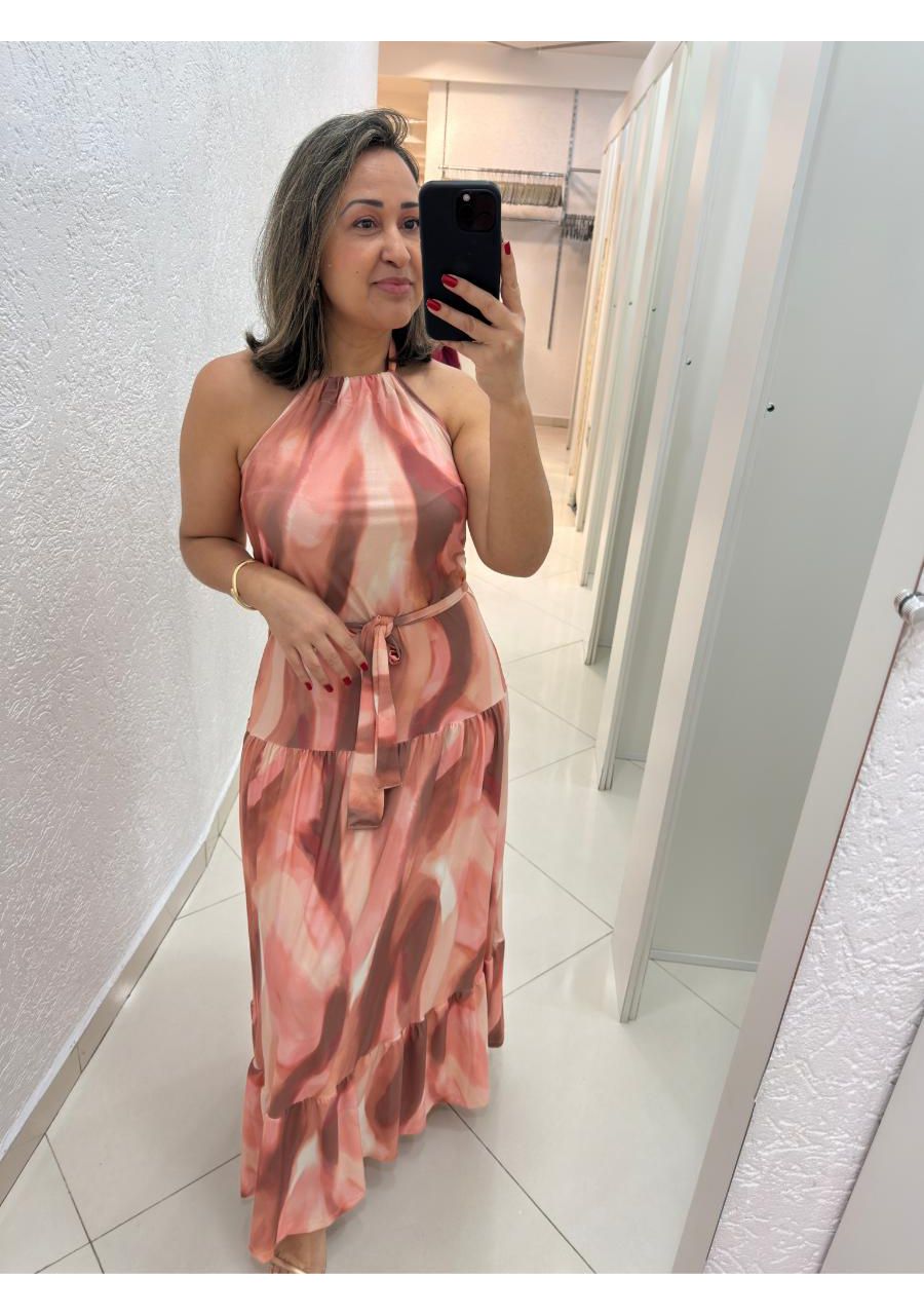 Vestido Estampado Frente Única Longo Com Babado RE... - MIX MODA