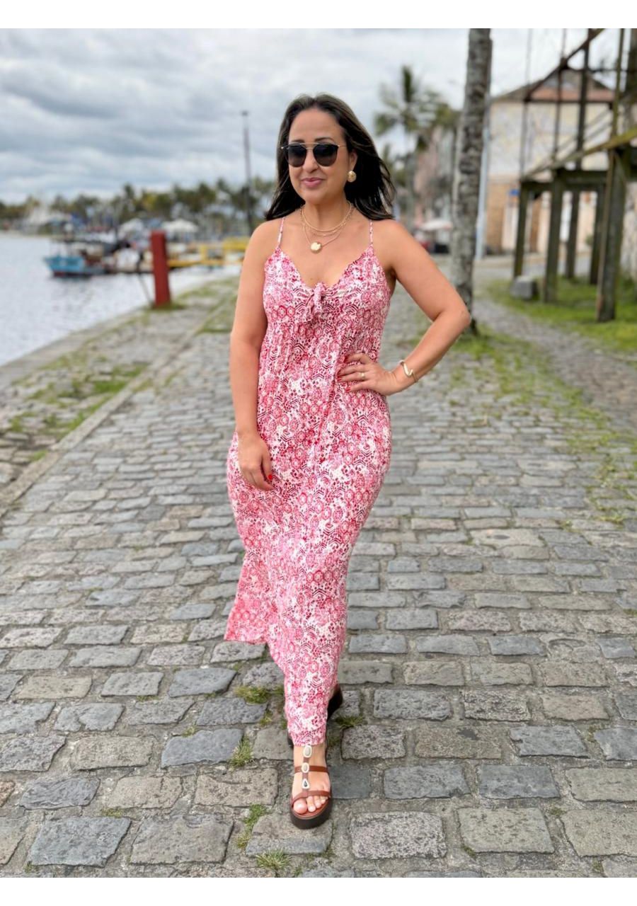 Vestido Estampado Alcinha Longo Viscose Com Laço R... - MIX MODA