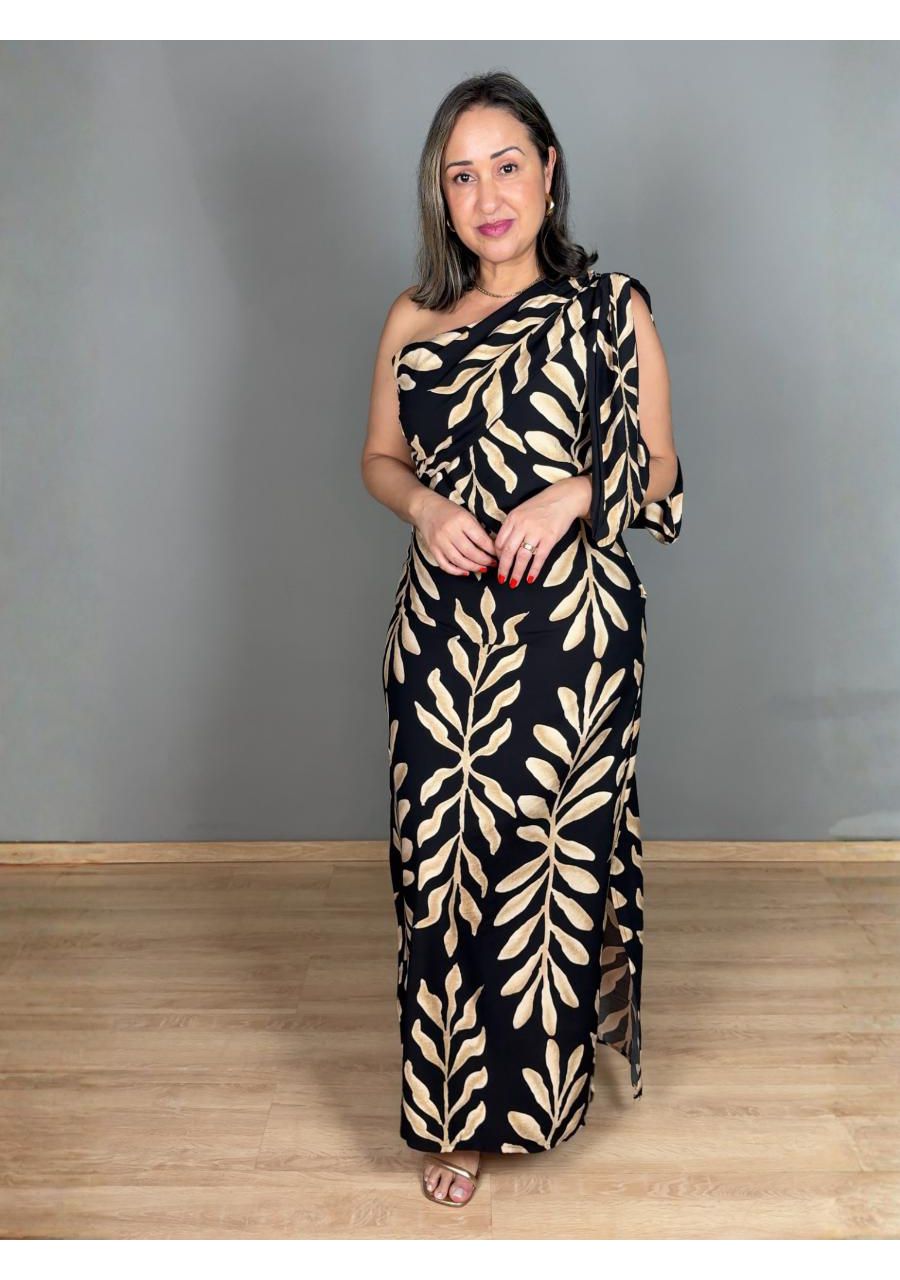 Vestido Estampado Nula Manga Maxi Com Laço REF:JX2... - MIX MODA