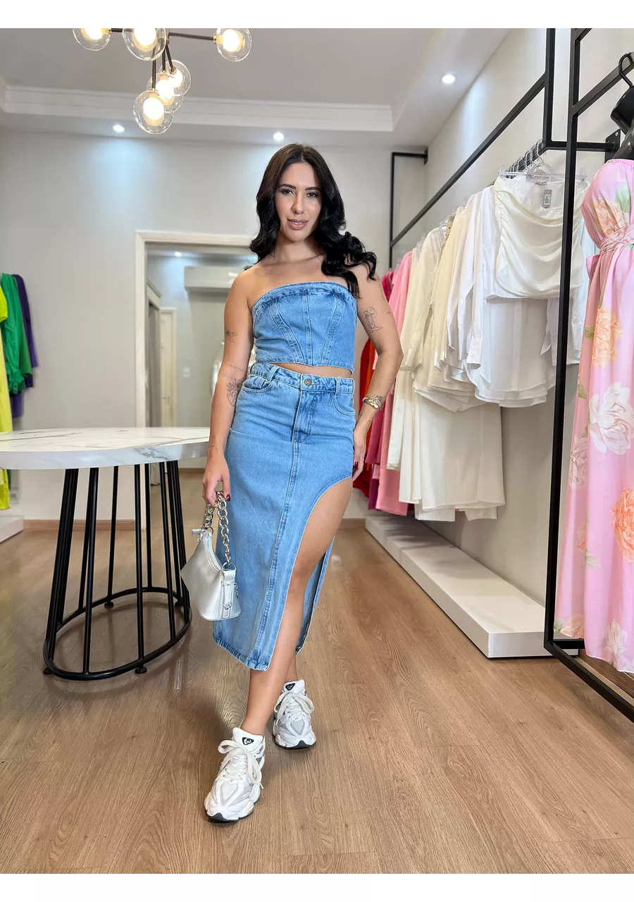 Saia Jeans Midi Fenda - 2024138 - Look de Luxo - Moda Feminina