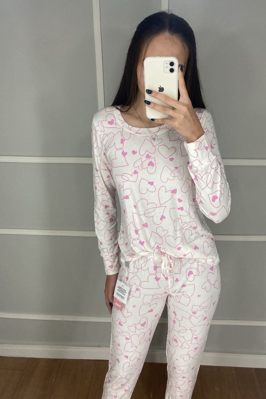 PIJAMA ADULTO DE VISCOSE DE ALGODÃO COM PUNHO CORAÇÃO ROSA