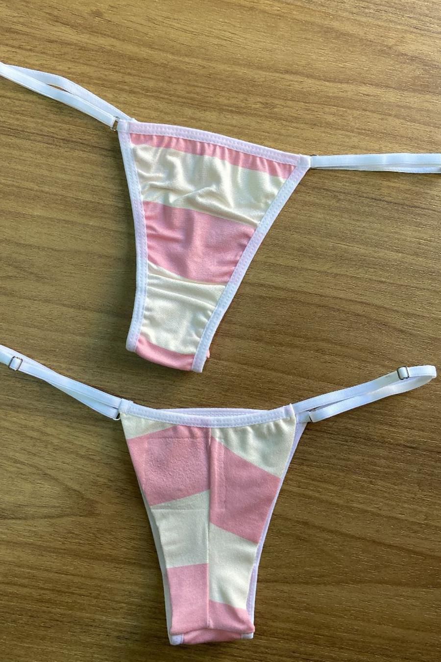 CALCINHA FIO DUPLO COM REGULAGEM LATERAL DE VISCOSE DE ALGODÃO LISTRADO ROSA - 0... - Innova Dama