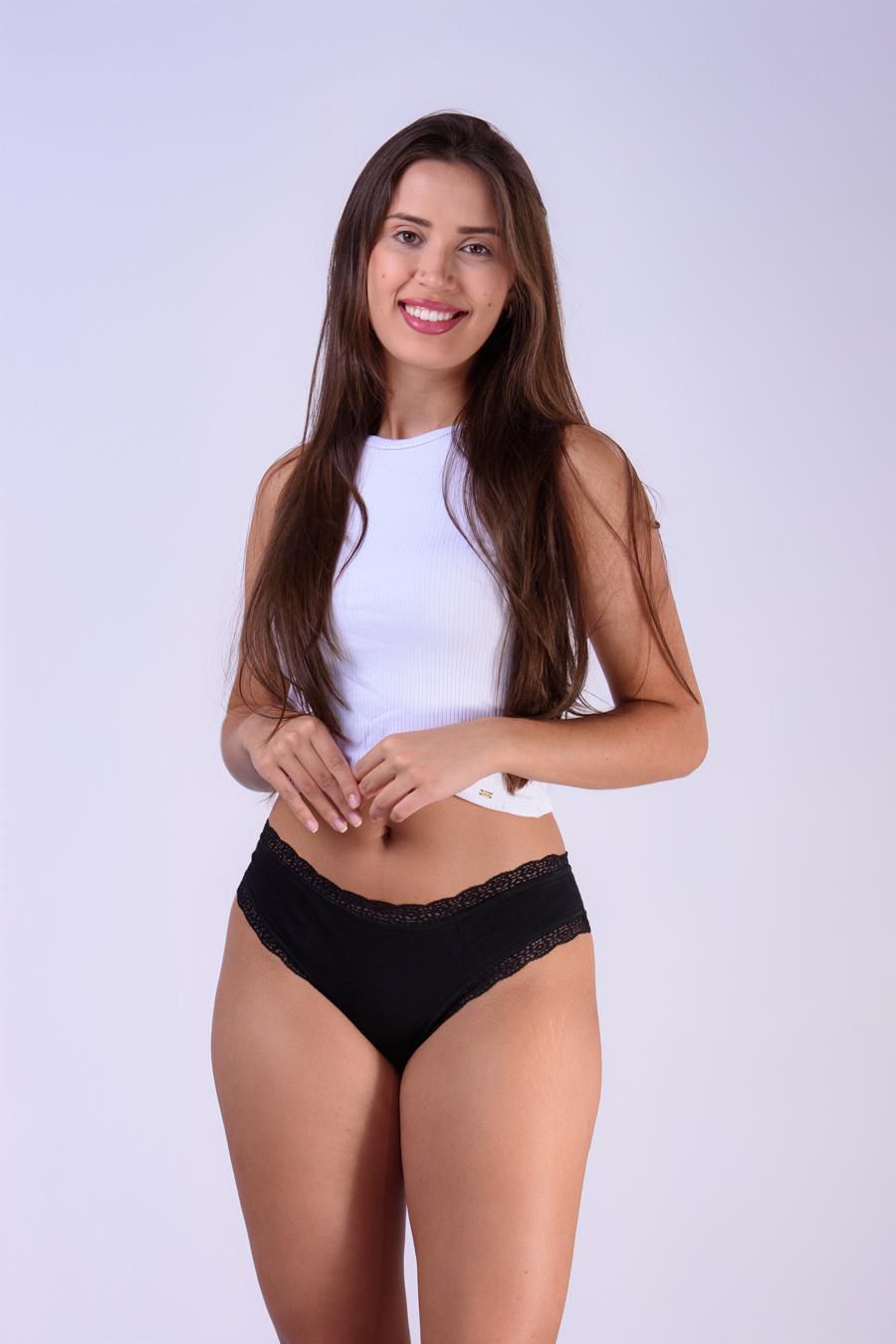 CALCINHA ALGODÃO COM RENDINHA CINTURA E PERNA PRETO