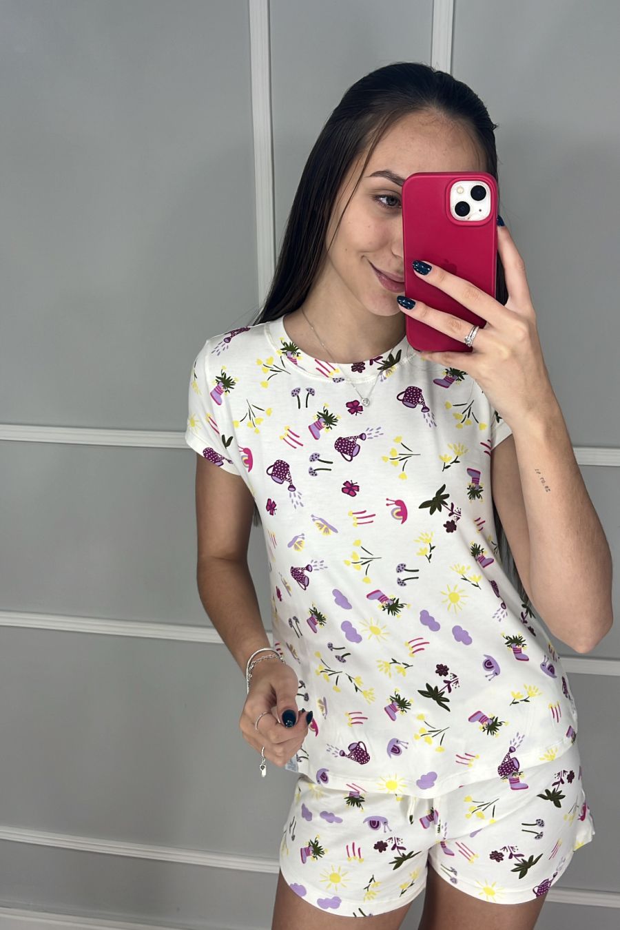 PIJAMA ADULTO VISCOSE DE ALGODÃO SHORT E BLUSA MANGUINHA JARDIM