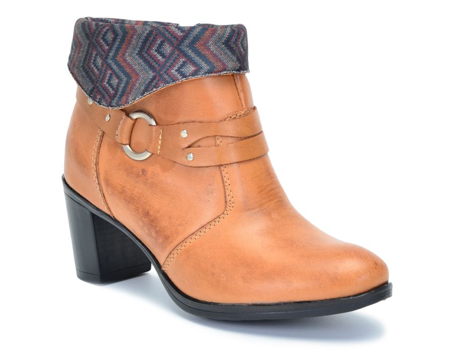 Bota Feminina Cano Curto Salto Grosso Caramelo/Étnico