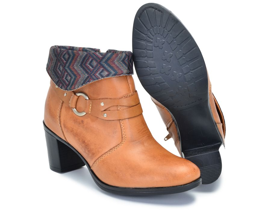 Bota Feminina Cano Curto Salto Grosso Caramelo/Étnico