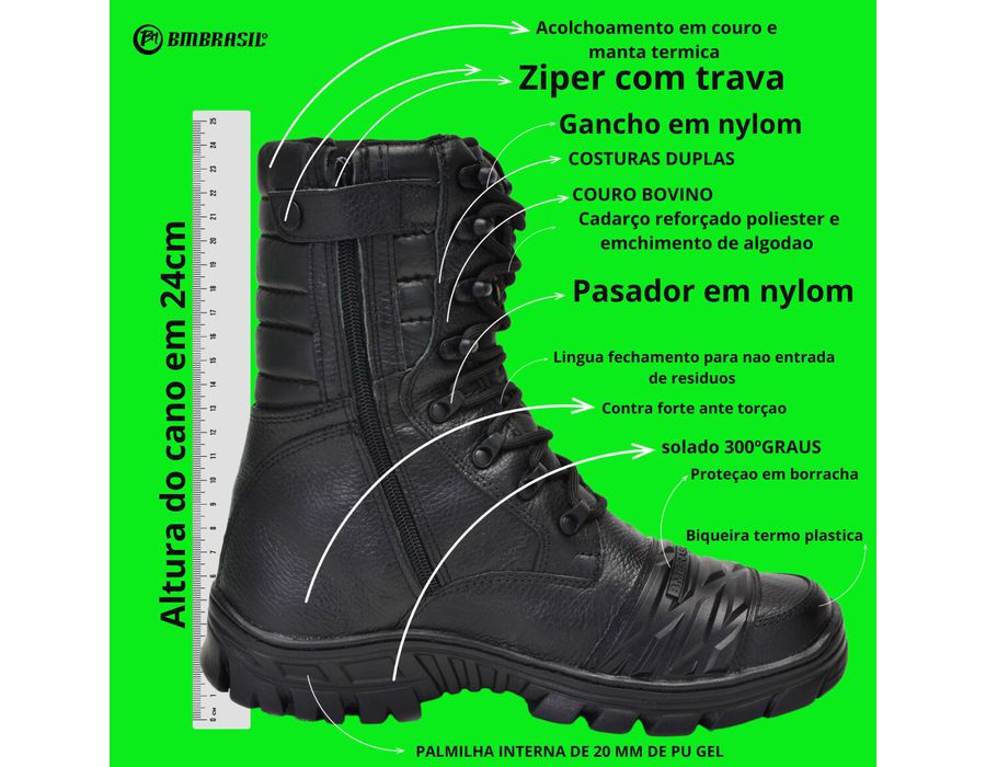 Coturno Bota Tático Militar Attack Zíper Moto 5188/01 Preto c a Nº 45899