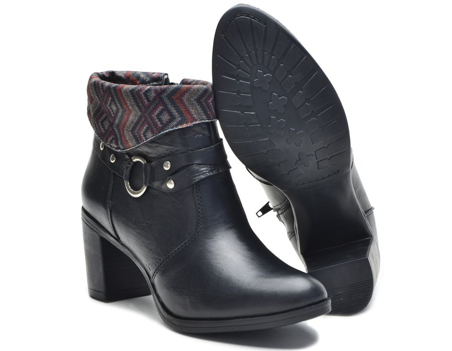 Bota Feminina Cano Curto Salto Grosso Preto/Étnico