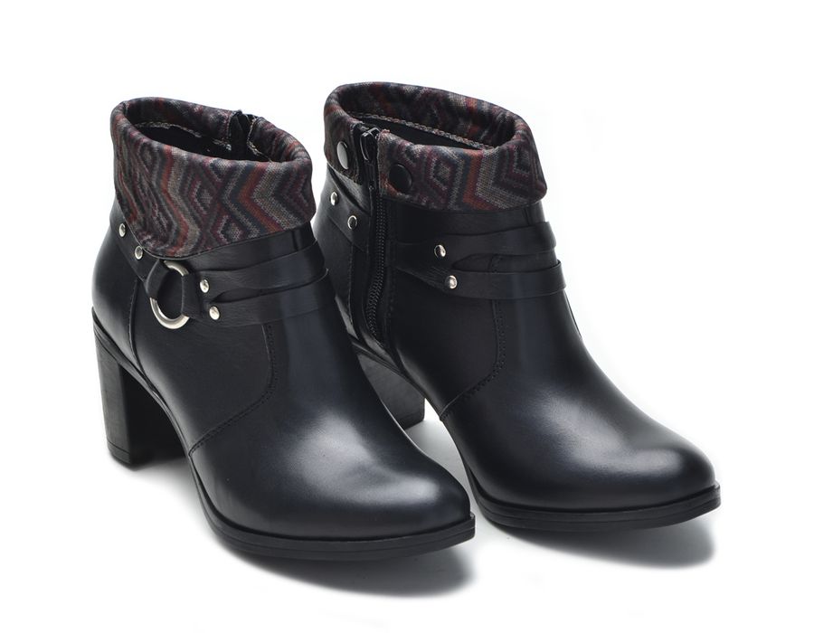 Bota Feminina Cano Curto Salto Grosso Preto/Étnico