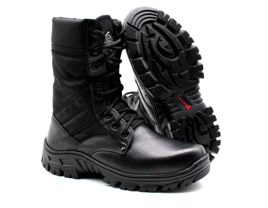 Coturno Militar Em Couro e Lona Cordura Extra Leve Tático Militar Bmbrasil 5150/01 Preto