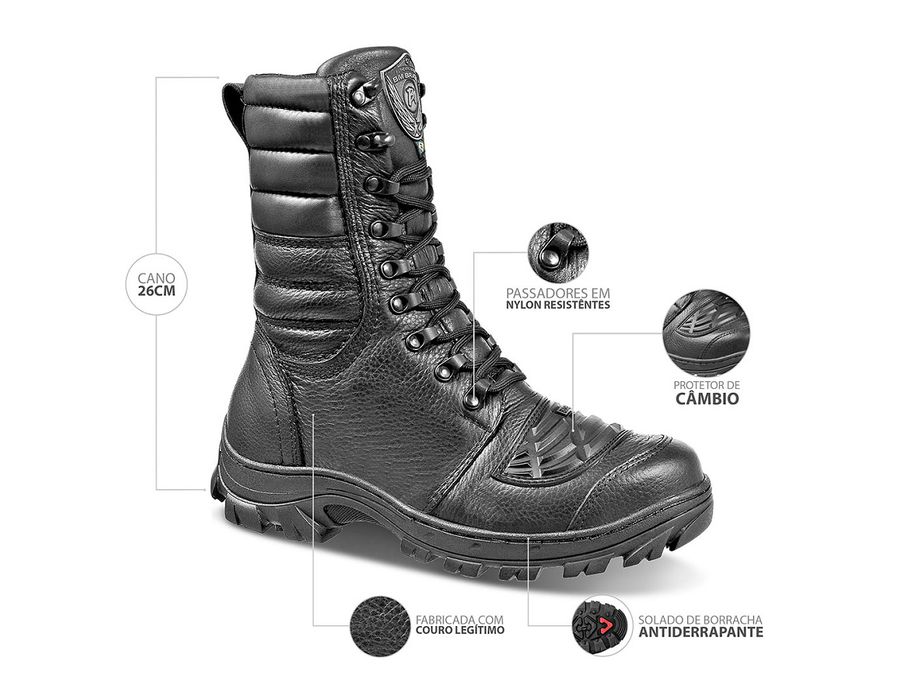 Coturno Tático Bota Militar Semi-impermeável Moto Bmbrasil 5168/16 Preto