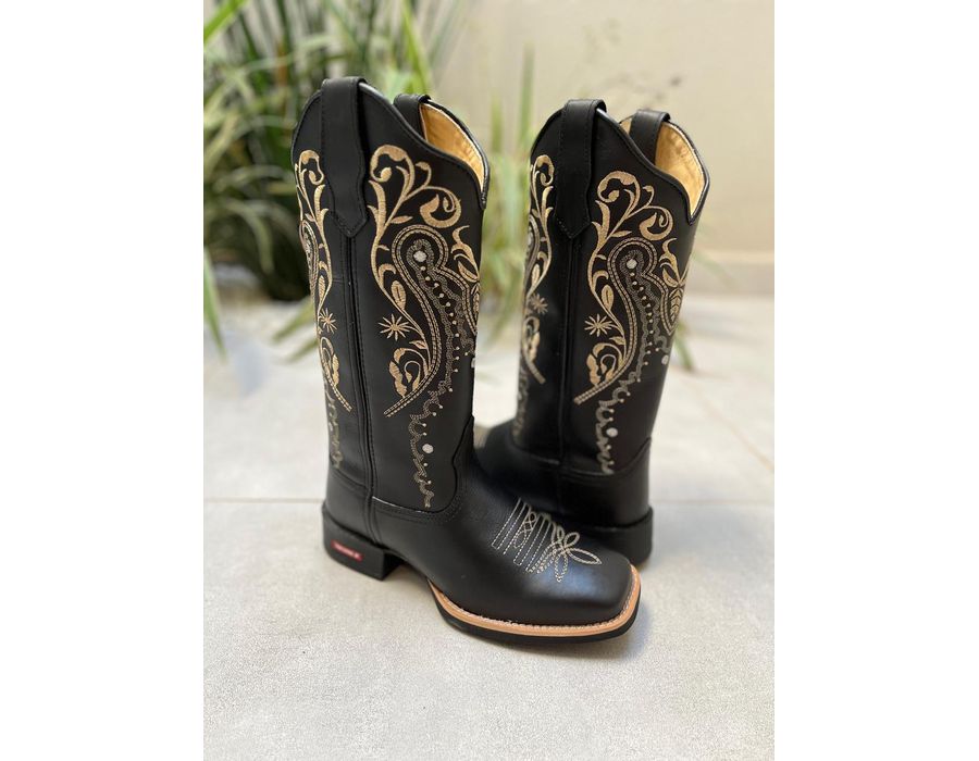 BOTA TEXANA EM COURO PRETO BORDADO TRIBAL BEGE | Botas Texanas Bruto