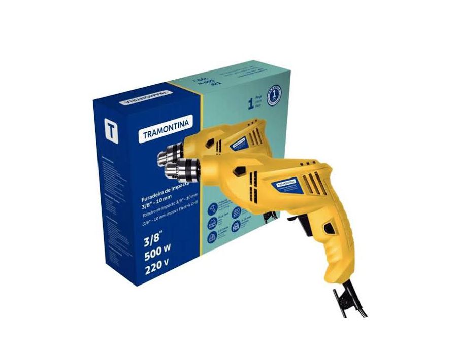 Furadeira de Impacto 500W Mandril 3/8 Tramontina com Sistema de Reversão e Botão para Travamento de Gatilho
