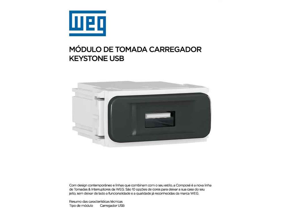 MODULO TOMADA USB BIVOLT KEYSTONE PRETO COMPOSÉ | Comercial Leal