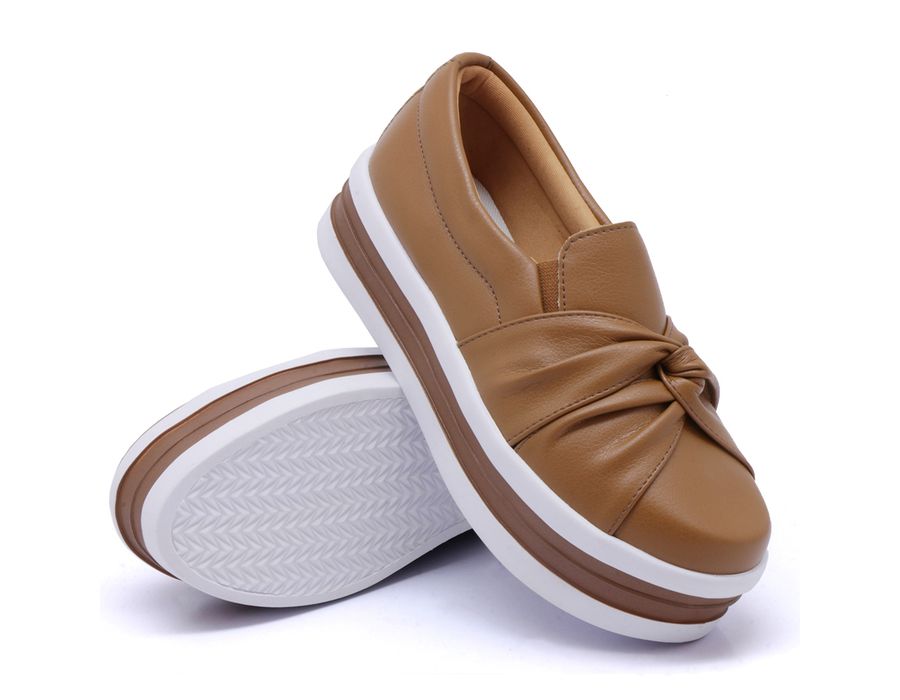 Tênis Slip On Calce Facil Nó Frontal Sola Alta Caramelo