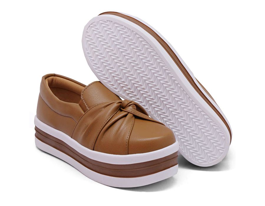 Tênis Slip On Calce Facil Nó Frontal Sola Alta Caramelo