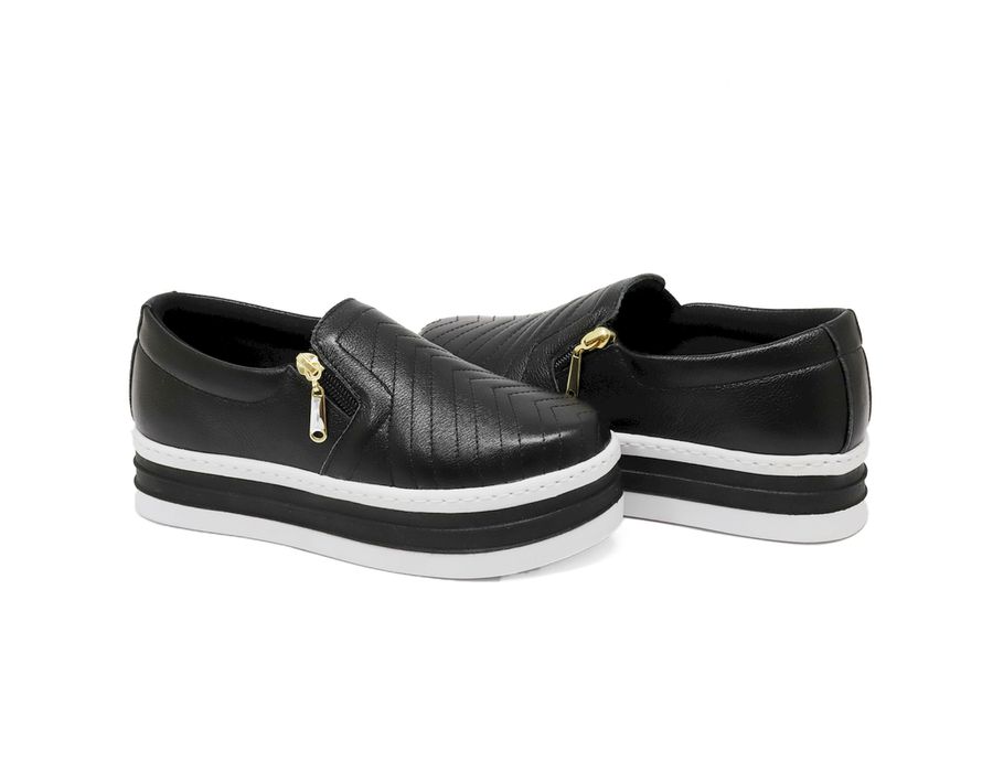 Slip On Feminino Ziper Lateral Couro legitimo Preto