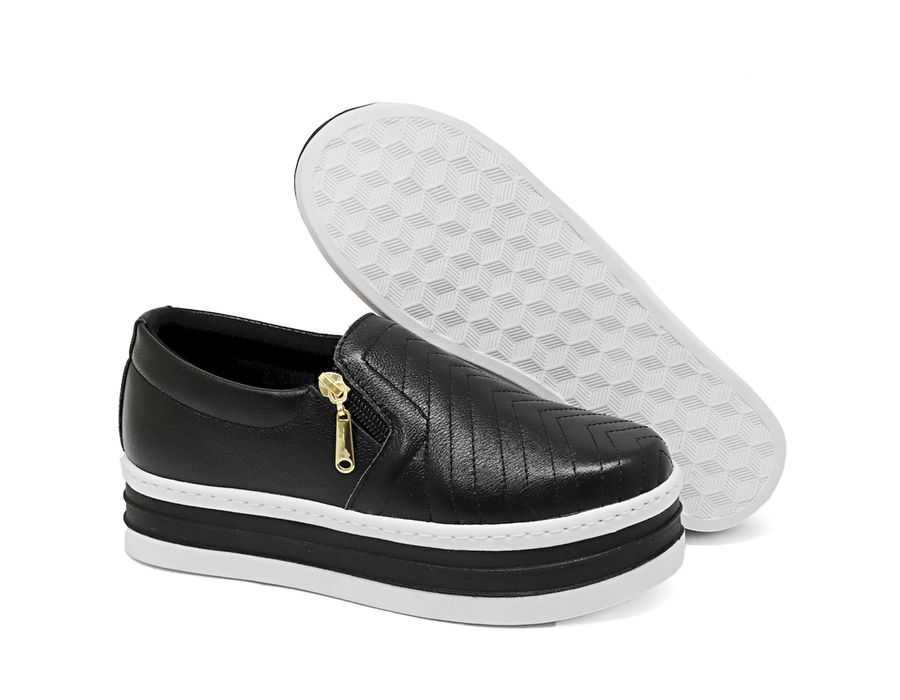 Slip On Feminino Ziper Lateral Couro legitimo Preto