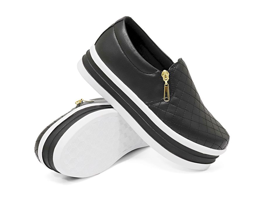 SlipOn Feminino Matelasse Ziper Lateral DK Shoes Preto