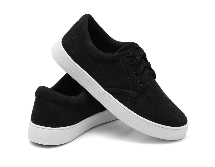 Tênis Casual Masculino Camurça com Cadarço Elástico Palmilha EVA Preto