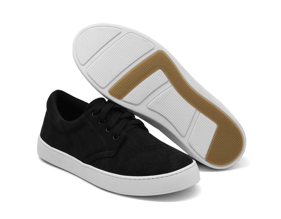 Tênis Casual Masculino Camurça com Cadarço Elástico Palmilha EVA Preto