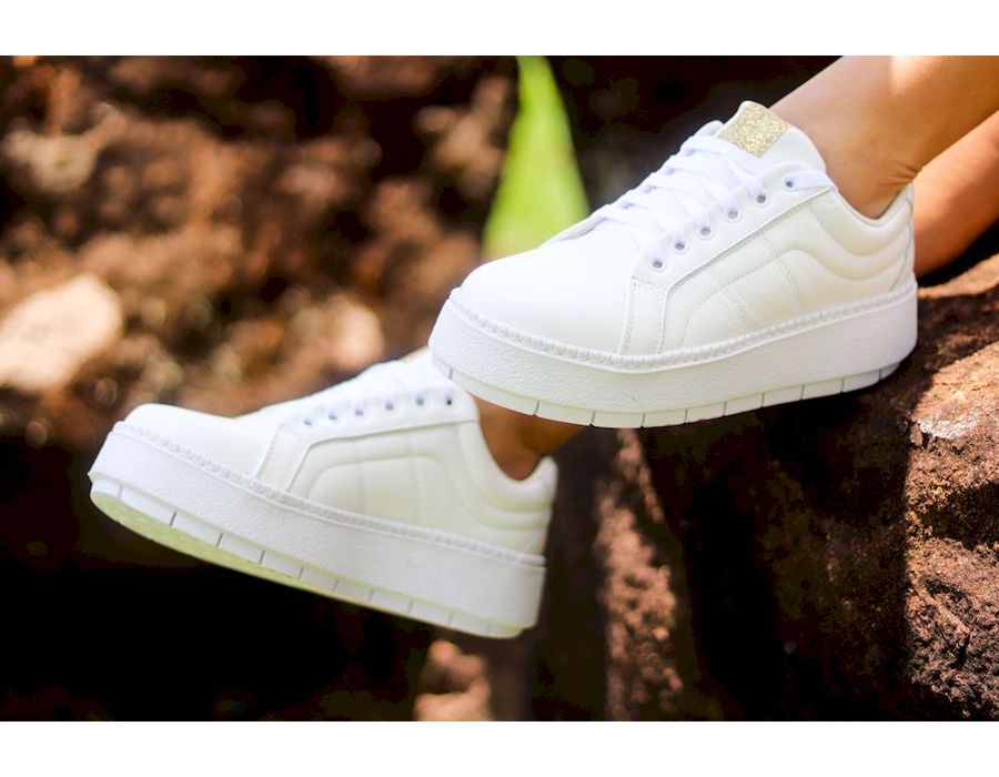 Tênis Casual Flat Amarrar Glitter DK Shoes Off White Couro Legítimo