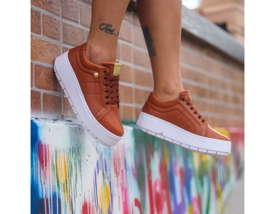 Tênis Casual Flat Amarrar Glitter DK Shoes Caramelo