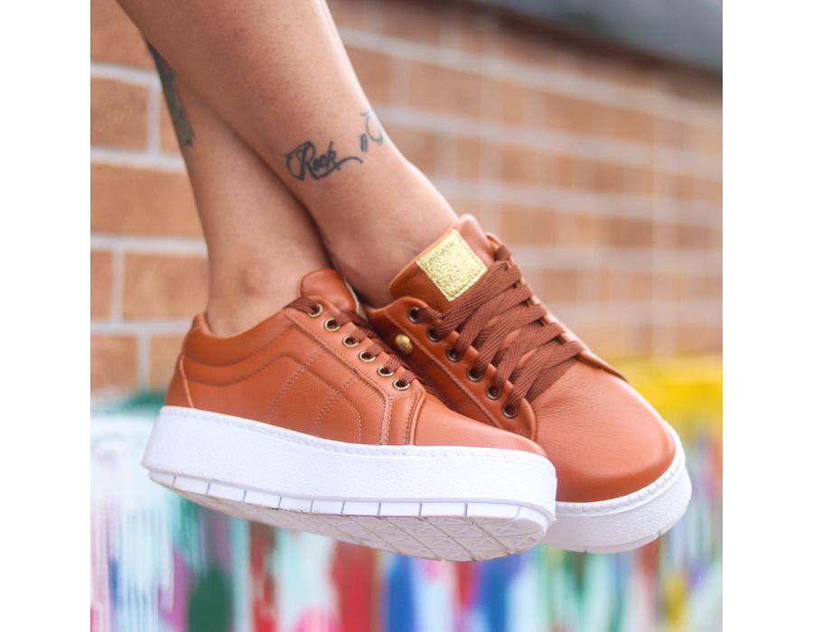 Tênis Casual Flat Amarrar Glitter DK Shoes Caramelo