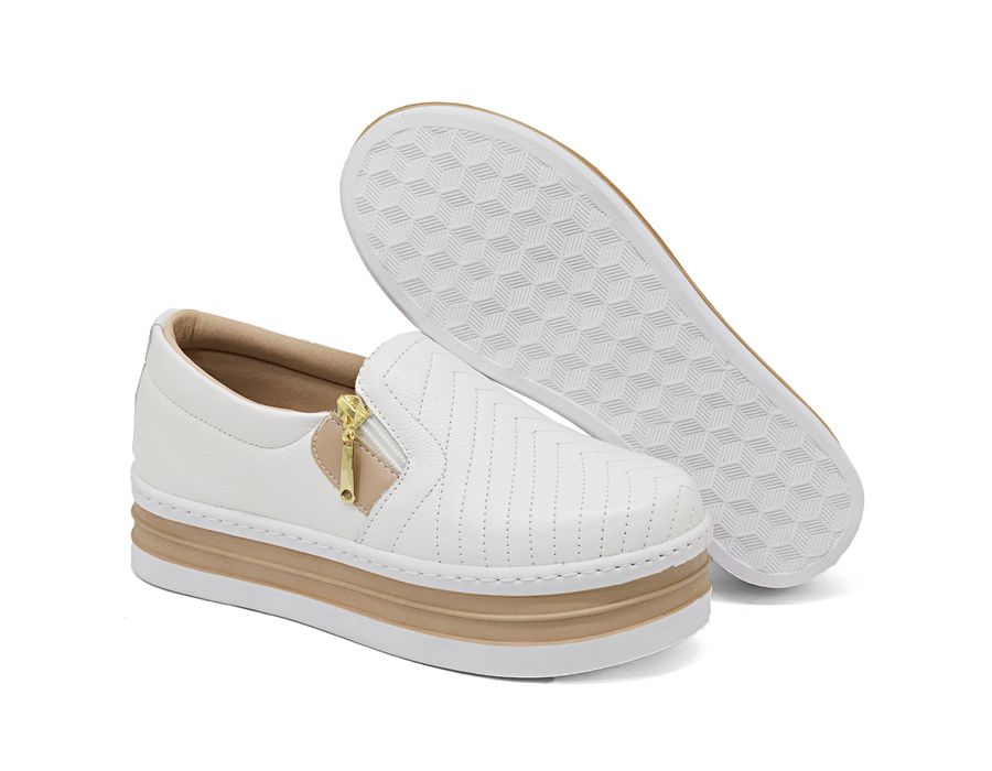 SlipOn Feminino Ziper Lateral DK Shoes Branco Rose Couro