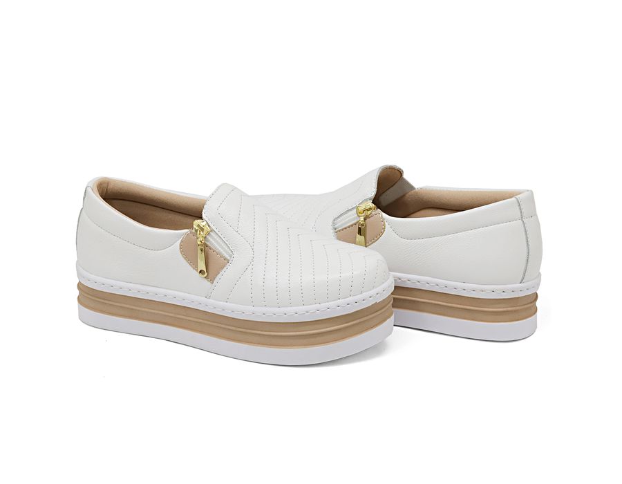 SlipOn Feminino Ziper Lateral DK Shoes Branco Rose Couro