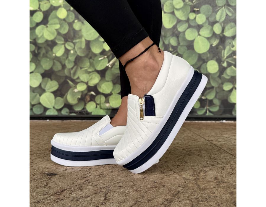 Tênis Slip on Zíper Costura Frontal Sola alta Dk Shoes Branco Azul