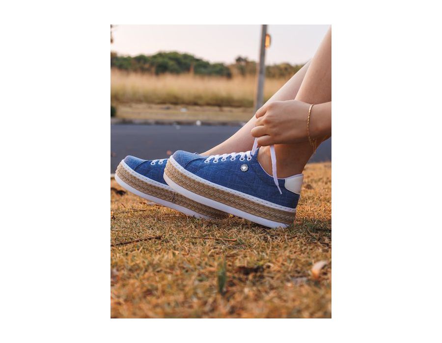 Tênis Plataforma Strass DK Shoes Jeans claro Corda Sisal