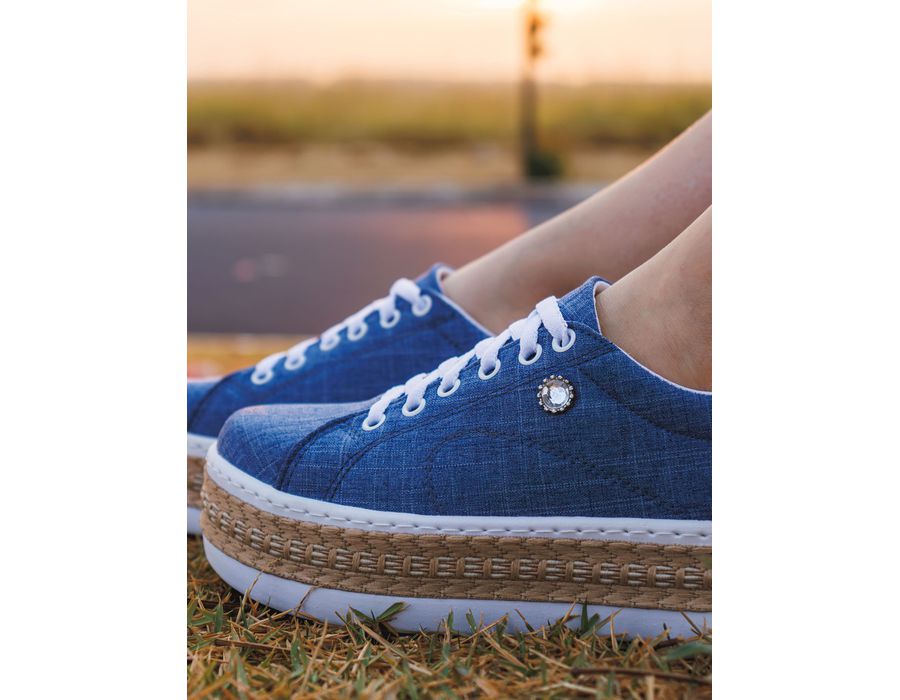 Tênis Plataforma Strass DK Shoes Jeans claro Corda Sisal