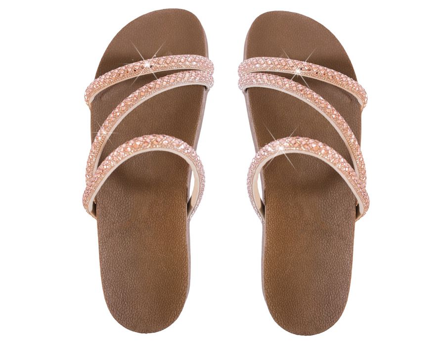 Sandália Rasteira Feminina com Pedrarias e Brilho Nude