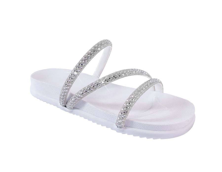 Sandália Rasteira Feminina com Pedrarias e Brilho Branca